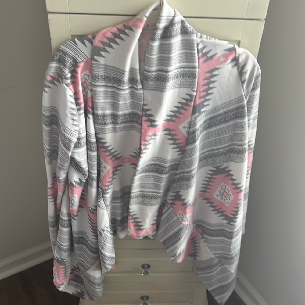 Pink gray and white cardigan. Size L